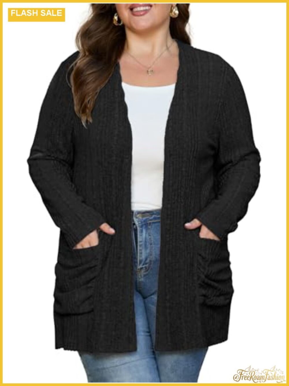 Plus Size Open Front Ribbed Cardigan Sweater with Pockets Long Sleeve